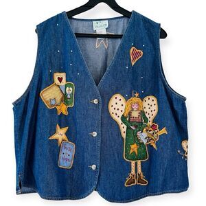 The Quacker Factory Women’s Angel Believe Jeweled Embroidered Denim Vest Size 1X